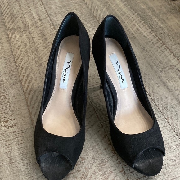 Nina New York Pumps Open Toe Heels Studded Jeweled Black Suede - Picture 2 of 14